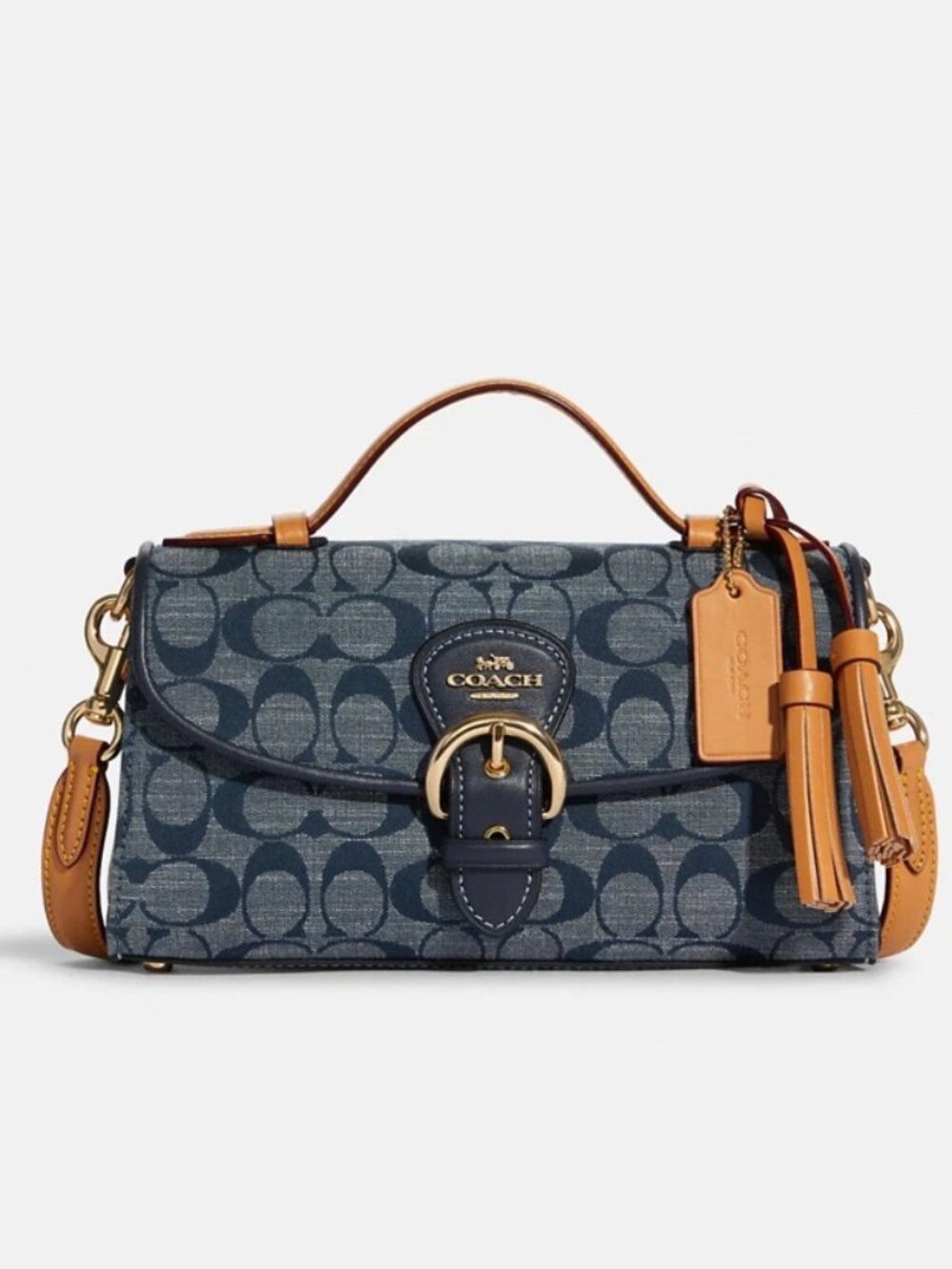 Coach Denim Kleo Top Handle Crossbody Signature Blue Tan Leather Bag C8513 Purse